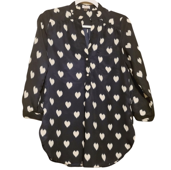 Pixley | Women's Navy Blue V-Neck Hearts Print Blouse (Size Small) - Picture 1 of 14